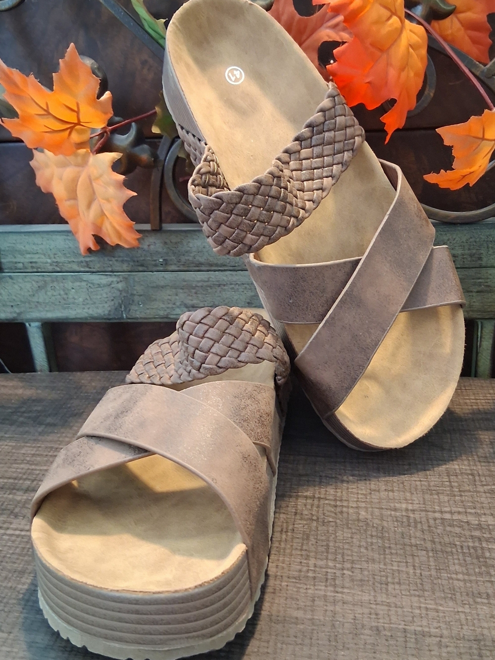 Women’s Braided Strap Slide Sandals in Taupe